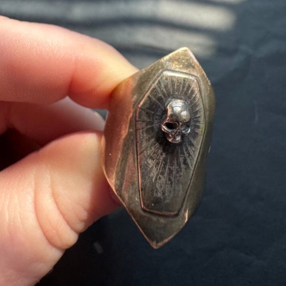 Silver Jewelry - Skull Coffin Shield Ring - Sterling Silver Size 9
